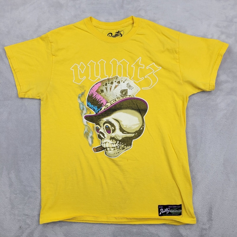 Runtz Shirt Mens Medium Yellow Crewneck Worldwide Cigar Smoke Spades Poker Adult
